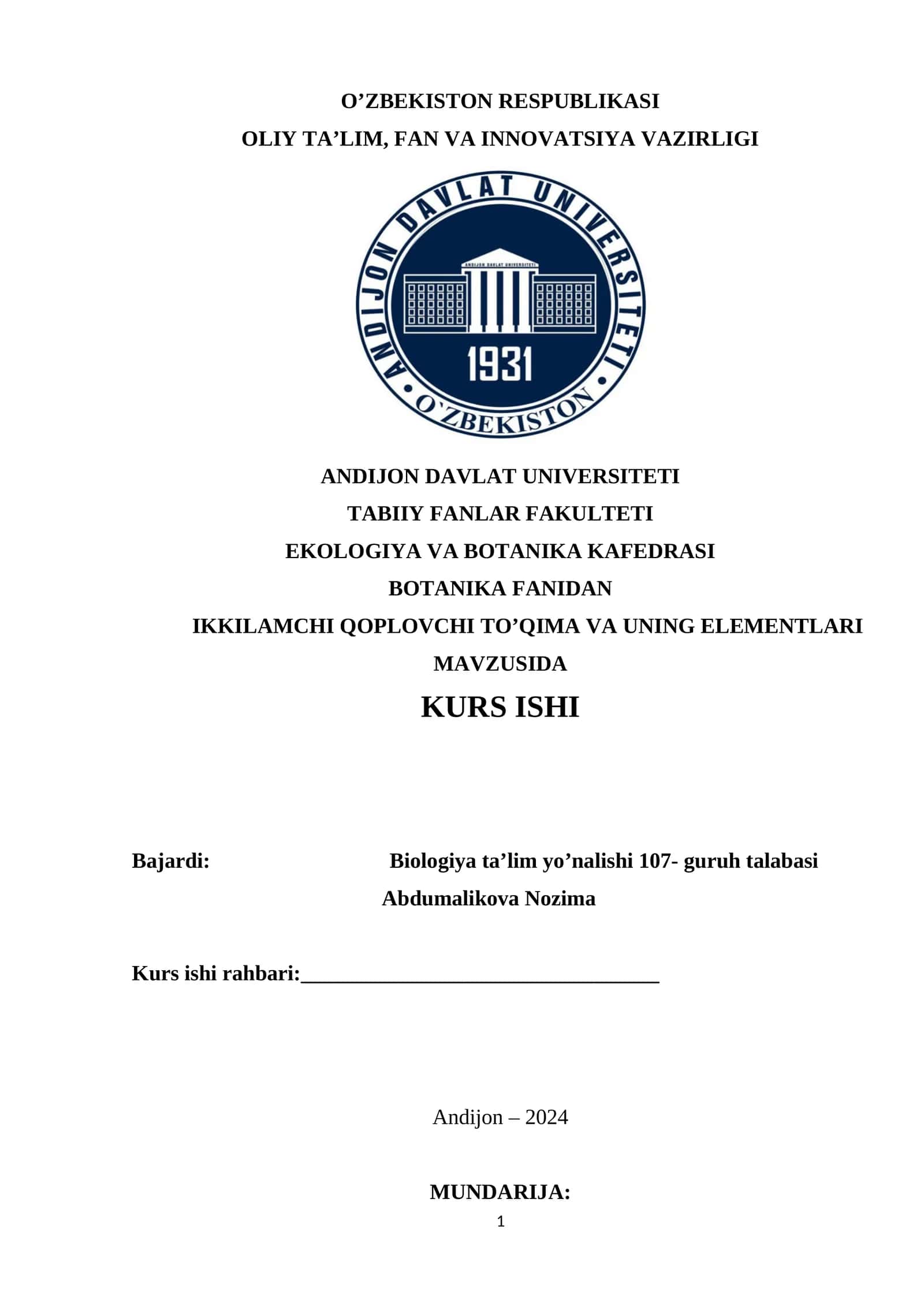 IKKILAMCHI QOPLOVCHI TO’QIMA VA UNING ELEMENTLARI MAVZUSIDA KURS ISHI 1
