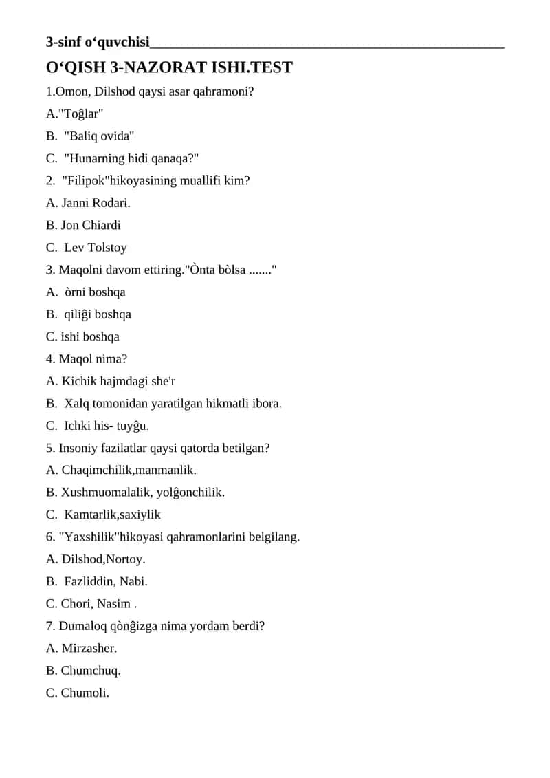O‘QISH 3-NAZORAT ISHI.TEST 1