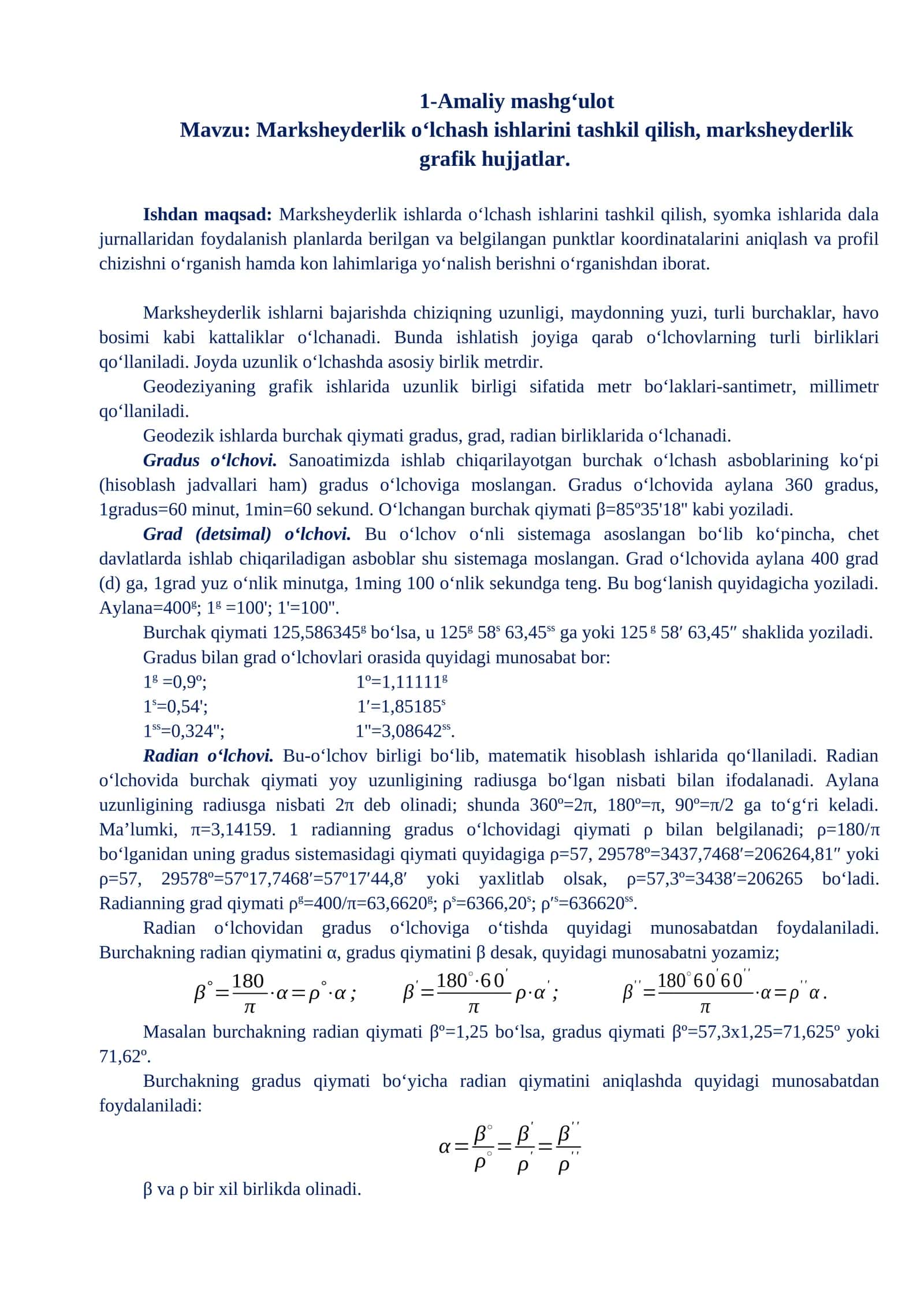 Marksheyderlik o‘lchash ishlarini tashkil qilish 1
