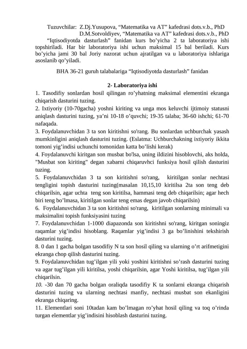 Iqtisodiyotda dasturlash fanidan kurs 1