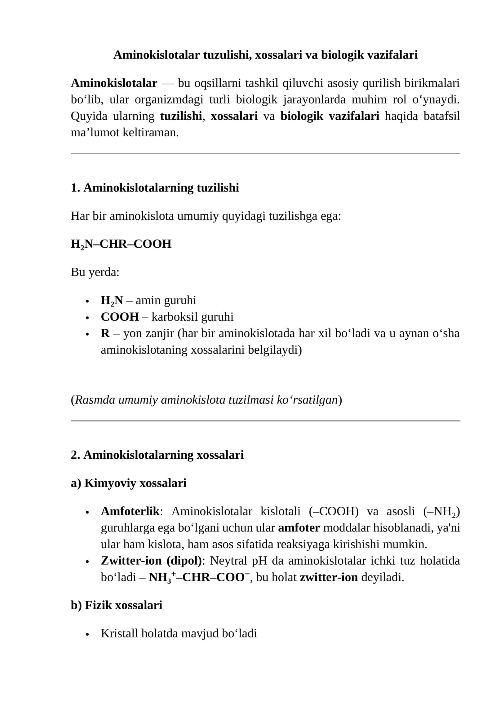 Aminokislotalar tuzulishi, xossalari va biologik vazifalari 1