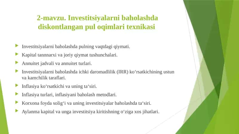 Investitsiyalarni baholashda diskontlangan pul oqimlari texnikasi 1