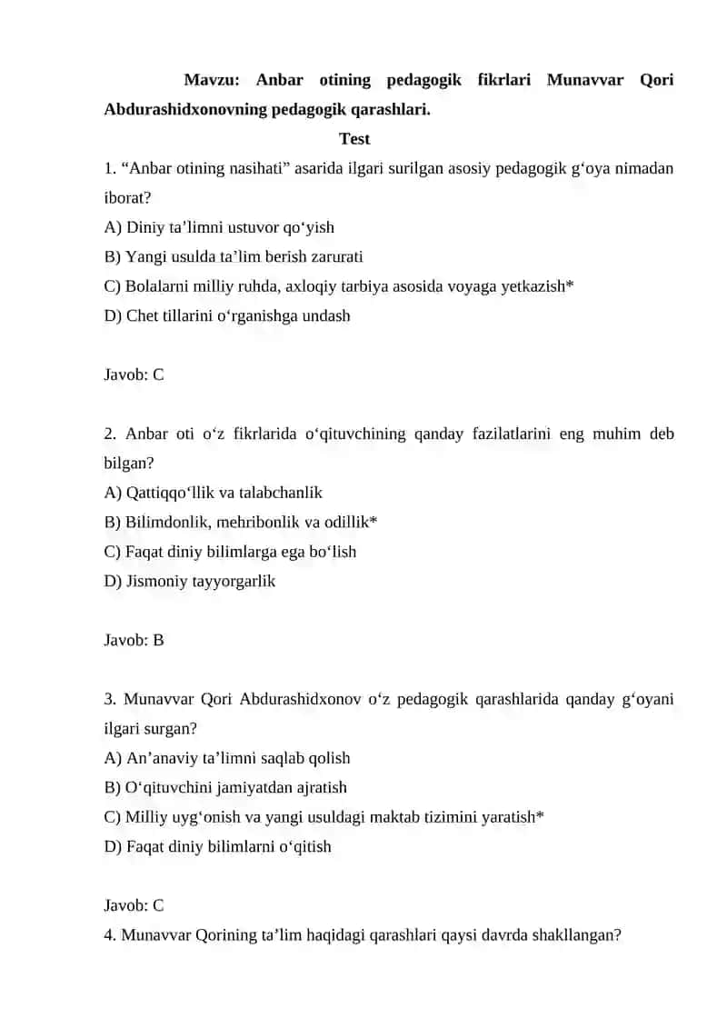 Anbar otining pedagogik fikrlari Munavvar Qori Abdurashidxonovning pedagogik qarashlari
