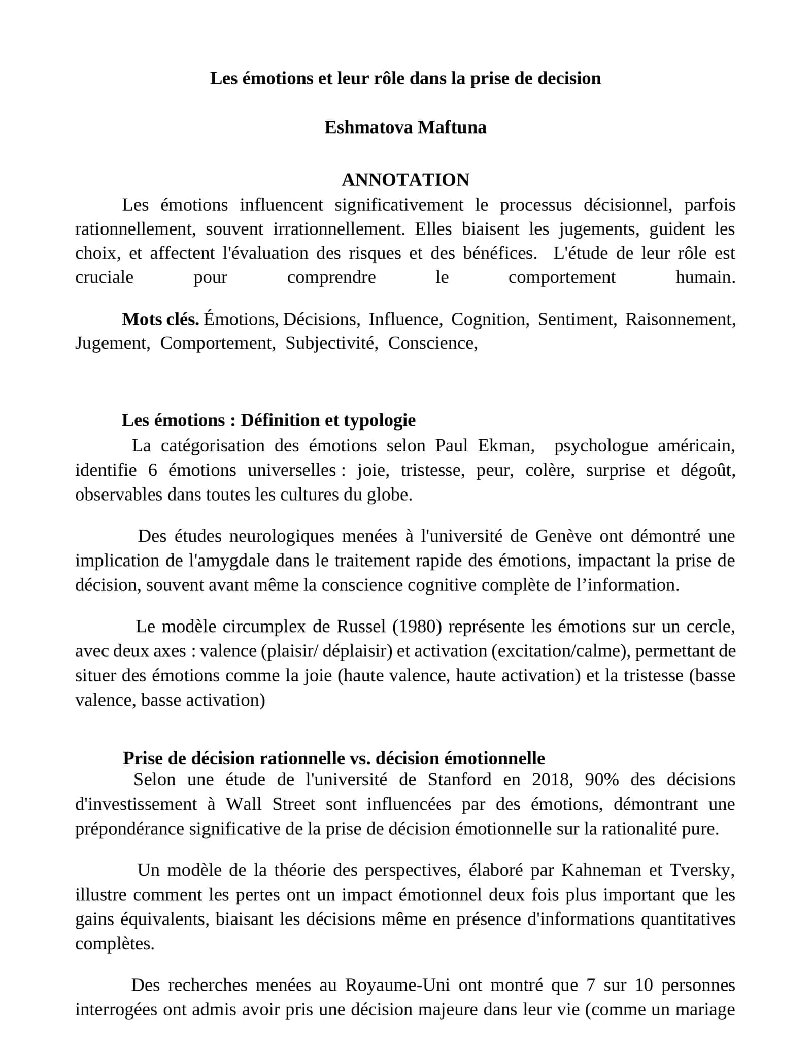 Les émotions et leur rôle dans la prise de décision 1