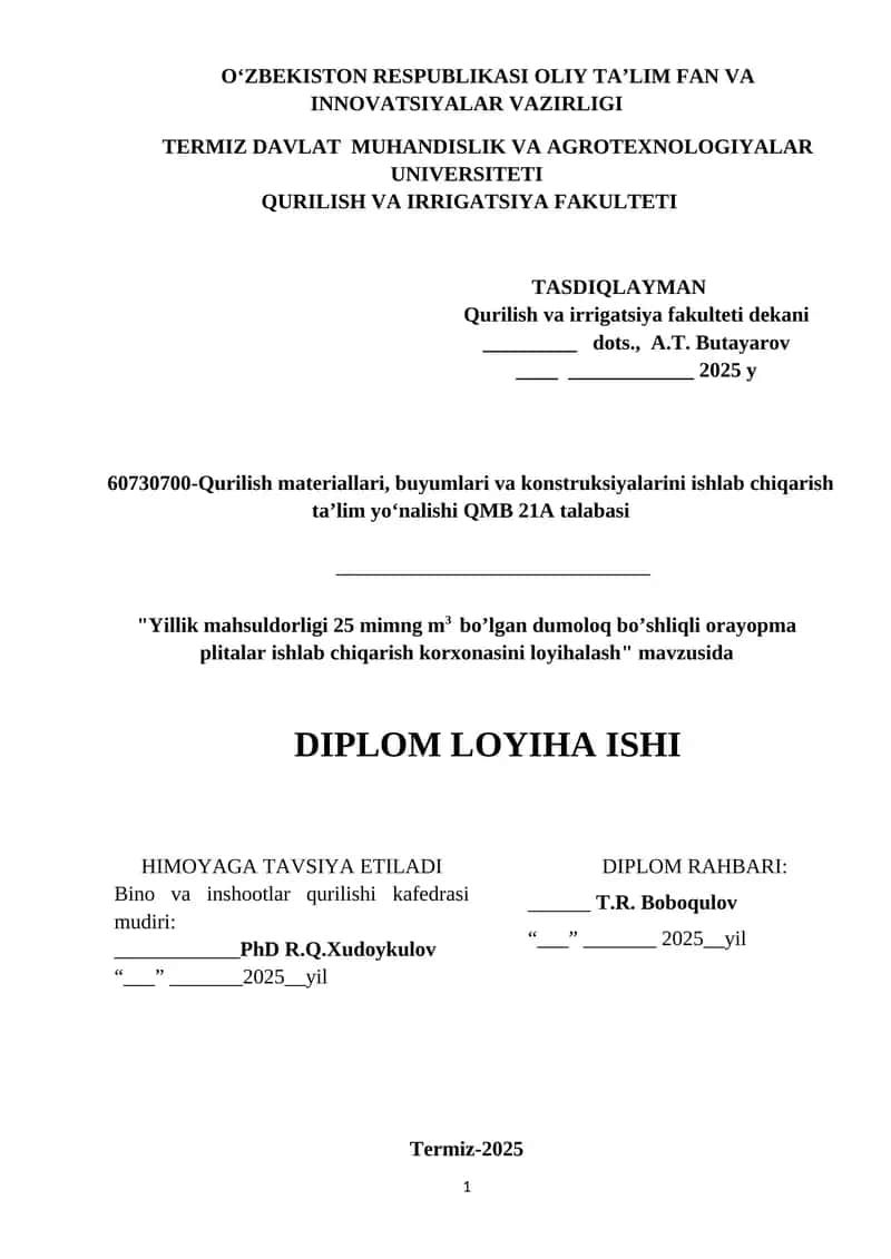 Yillik mahsuldorligi 25 mimng m3  bo’lgan dumoloq bo’shliqli orayopma plitalar ishlab chiqarish korxonasini loyihalash 1