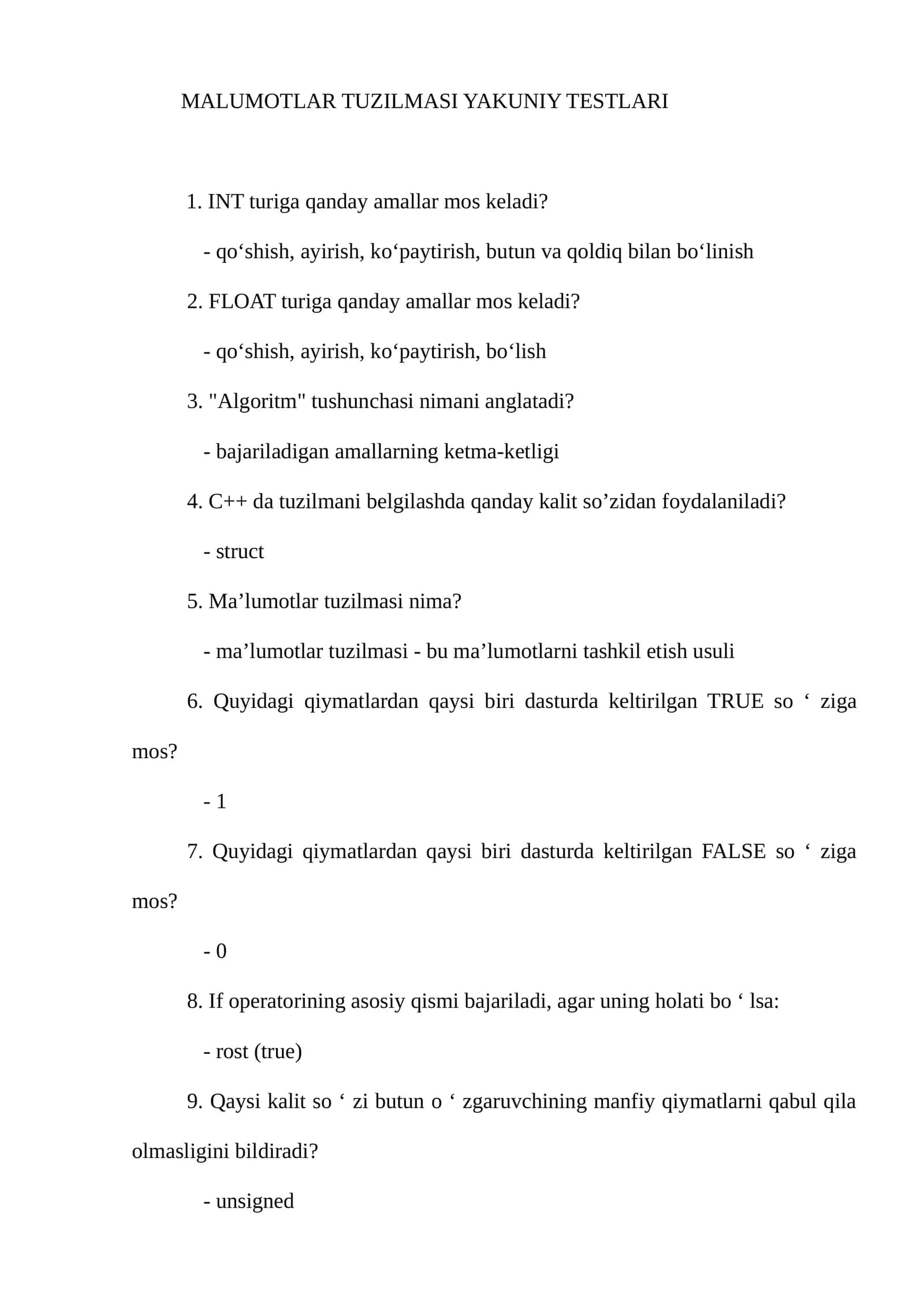 MALUMOTLAR TUZILMASI YAKUNIY TESTLARI 1
