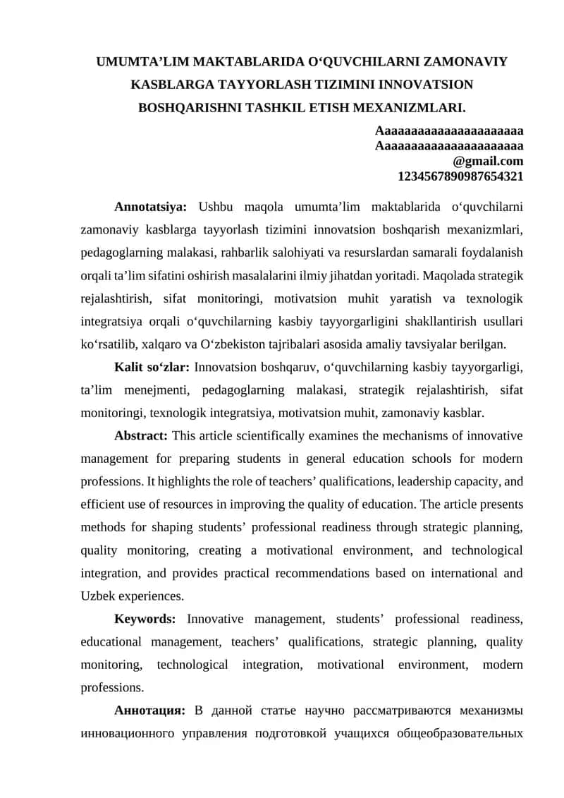 Zamonaviy kasblarga tayyorlash tizimini innovatsion boshqaruv maqola 1