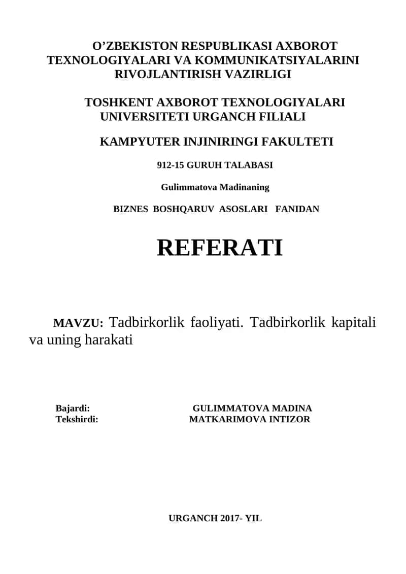 BIZNES BOSHQARUV ASOSLARI FANIDAN REFERATI 1