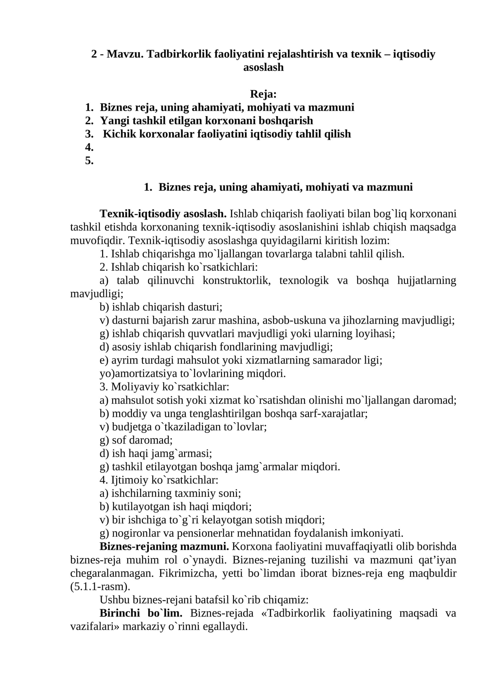 Tadbirkorlik faoliyatini rejalashtirish va texnik – iqtisodiy asoslash 1