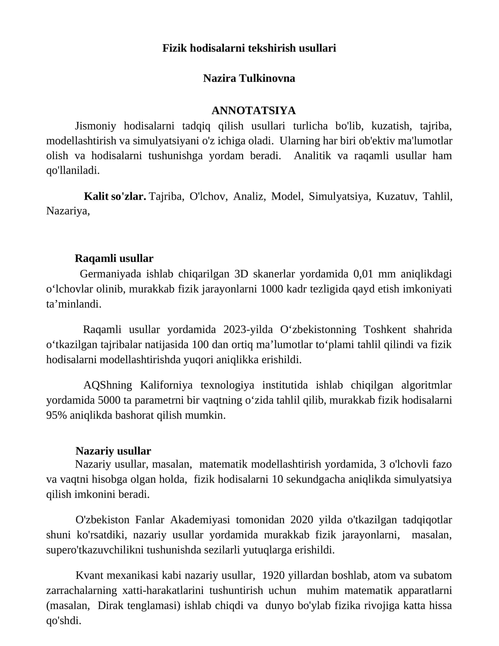 Fizik hodisalarni tekshirish usullari 1
