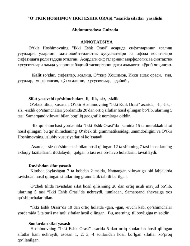 OʻTKIR HOSHIMOV IKKI ESHIK ORASI 1