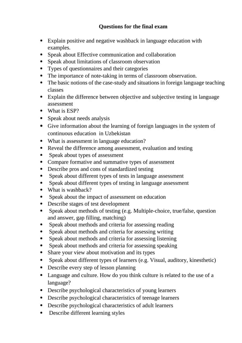 Questions for the final exam 1