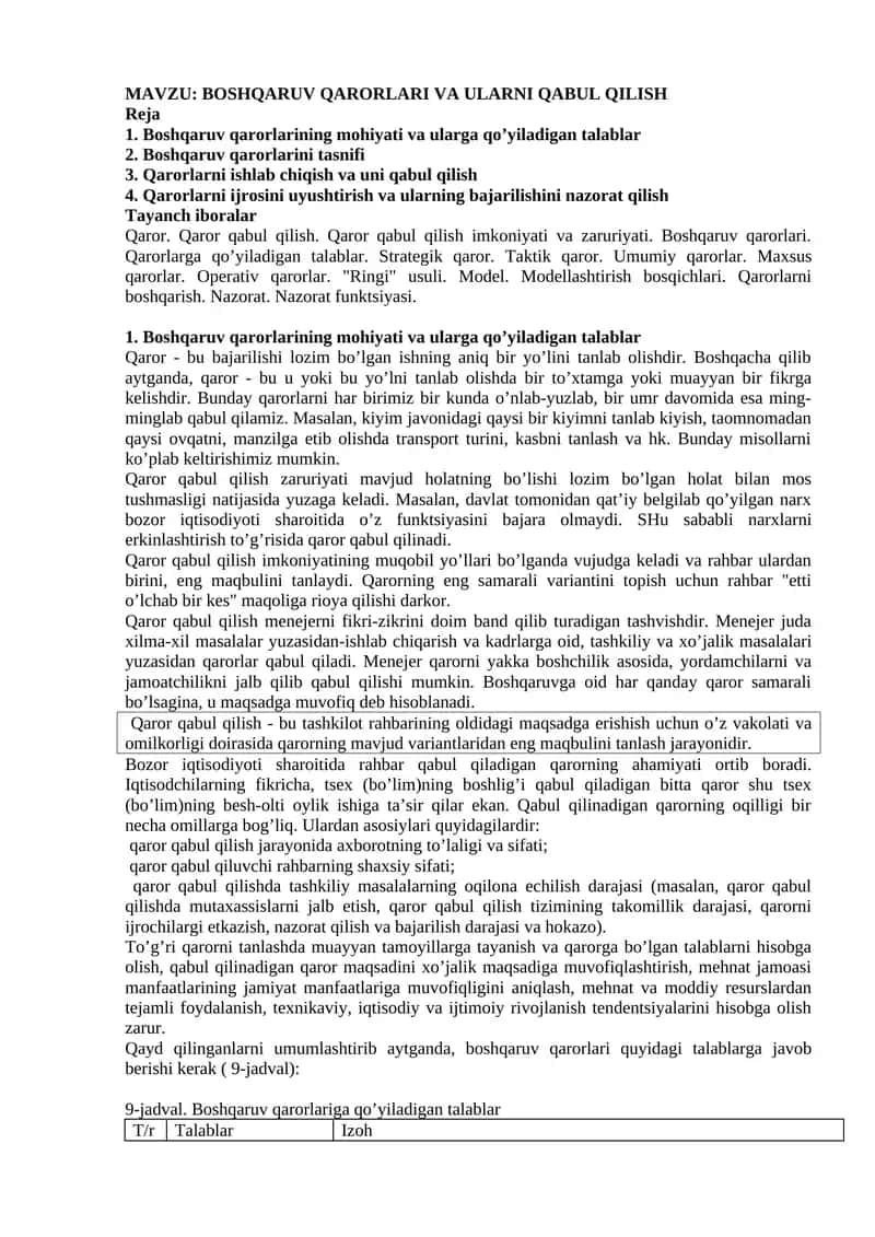 BOSHQARUV QARORLARI VA ULARNI QABUL QILISH 1