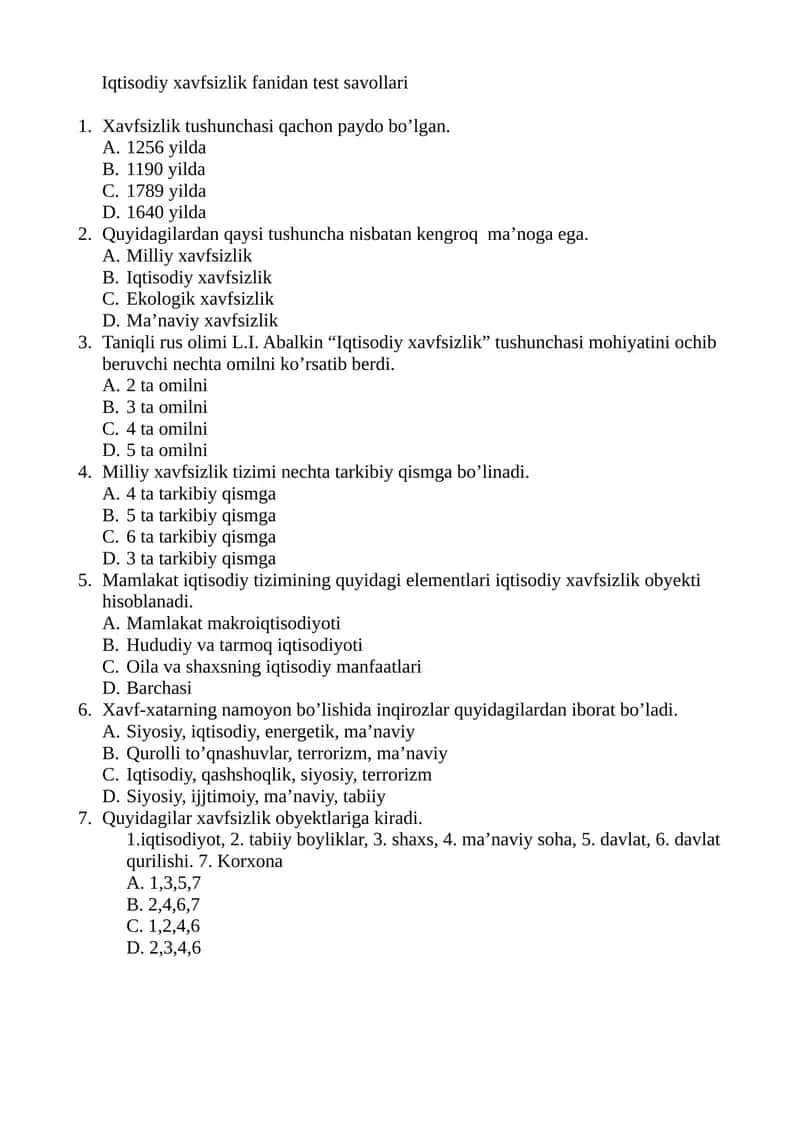 Iqtisodiy xavfsizlik fanidan test savollari 1