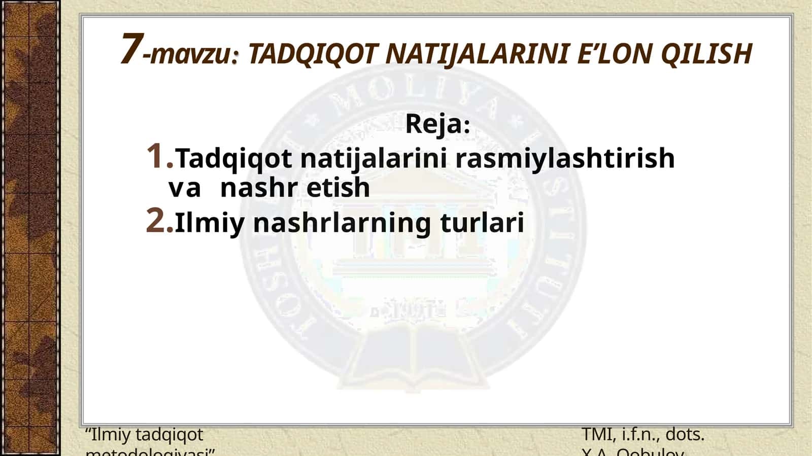 TADQIQOT NATIJALARINI E’LON QILISH 1