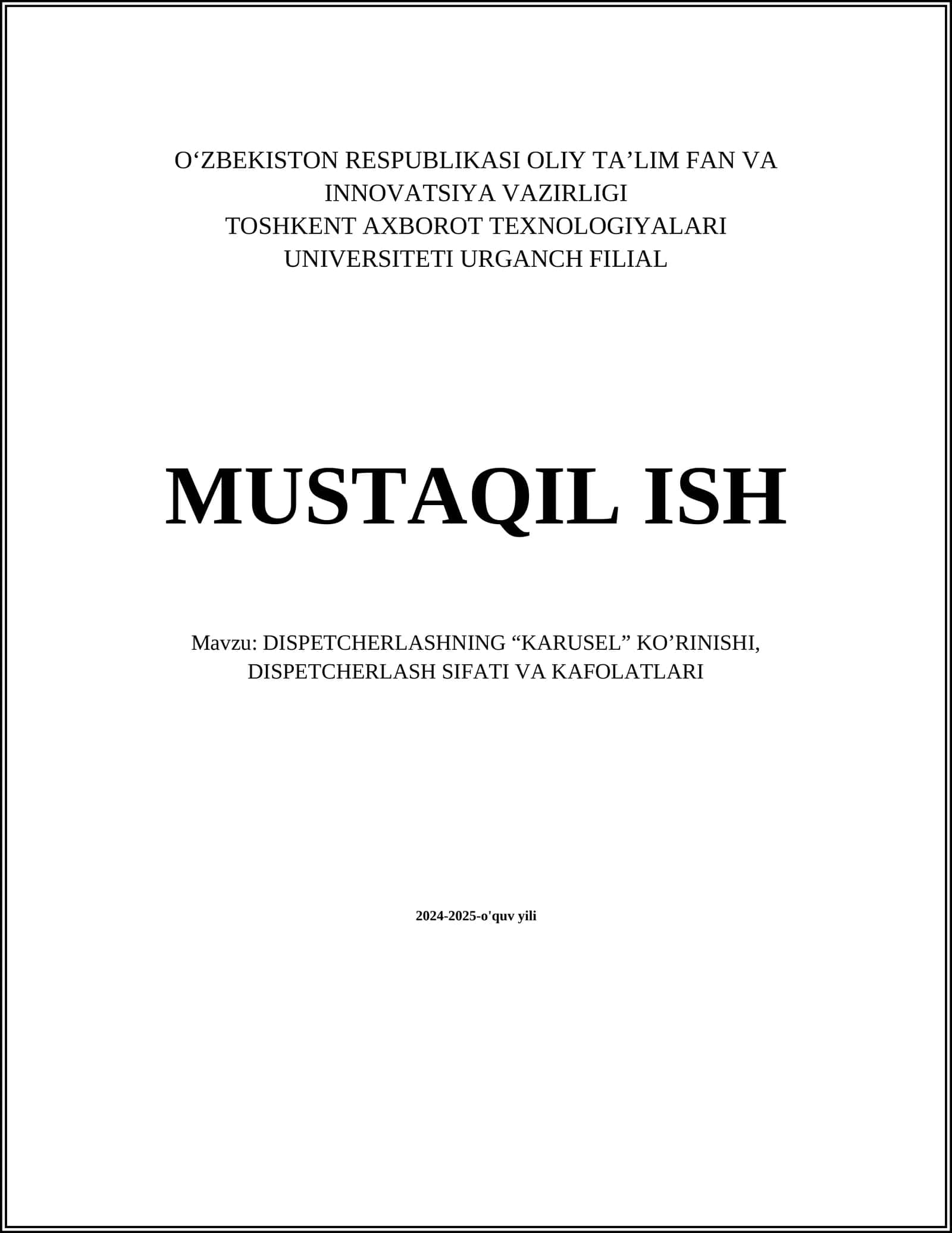 DISPETCHERLASHNING “KARUSEL” KO’RINISHI, DISPETCHERLASH SIFATI VA KAFOLATLARI 1