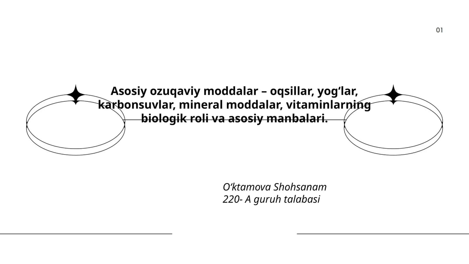 Asosiy ozuqaviy moddalar – oqsillar, yog‘lar, karbonsuvlar, mineral moddalar, vitaminlarning biologik roli va asosiy manbalari 1