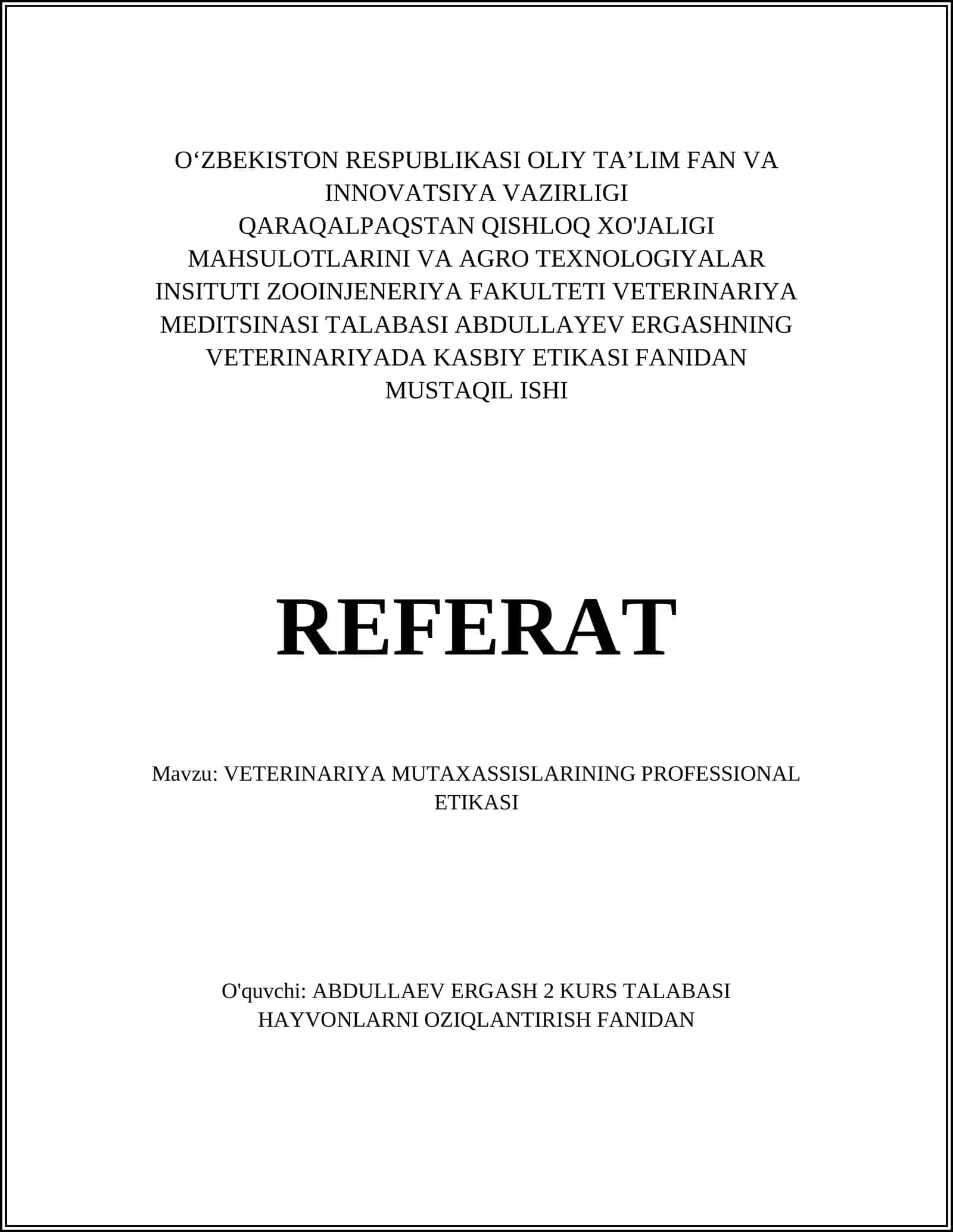 VETERINARIYA MUTAXASSISLARINING PROFESSIONAL ETIKASI 1