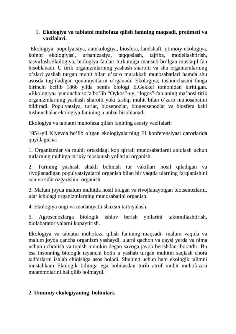 Ekologiya va tabiatni muhofaza qilish fanining asosiy vazifalari 1