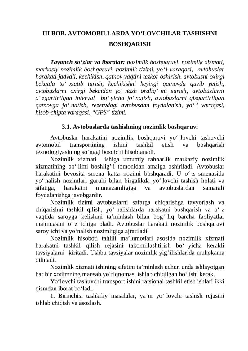 Avtobuslarda tashishning nozimlik boshqaruvi 1