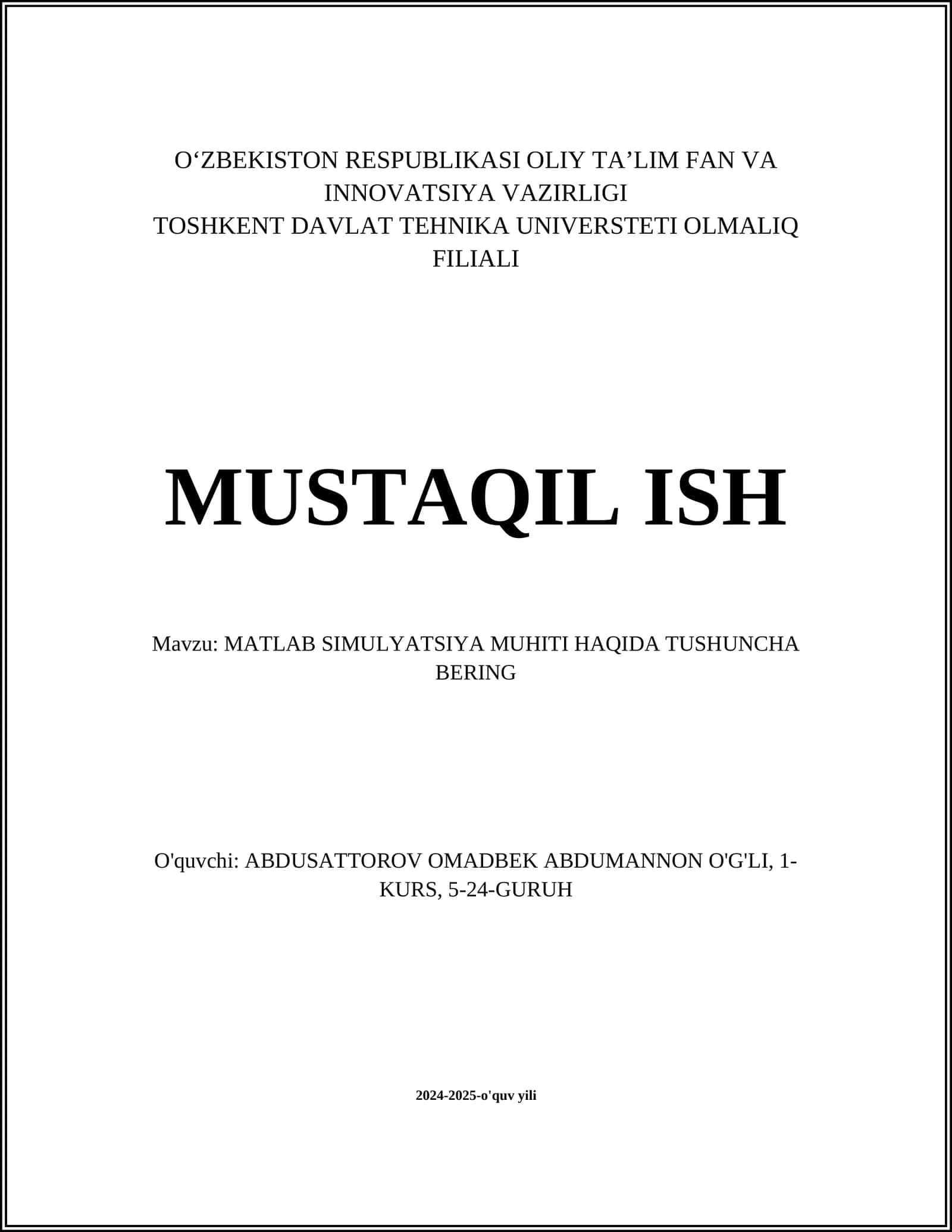 MATLAB SIMULYATSIYA MUHITI HAQIDA TUSHUNCHA BERING 1