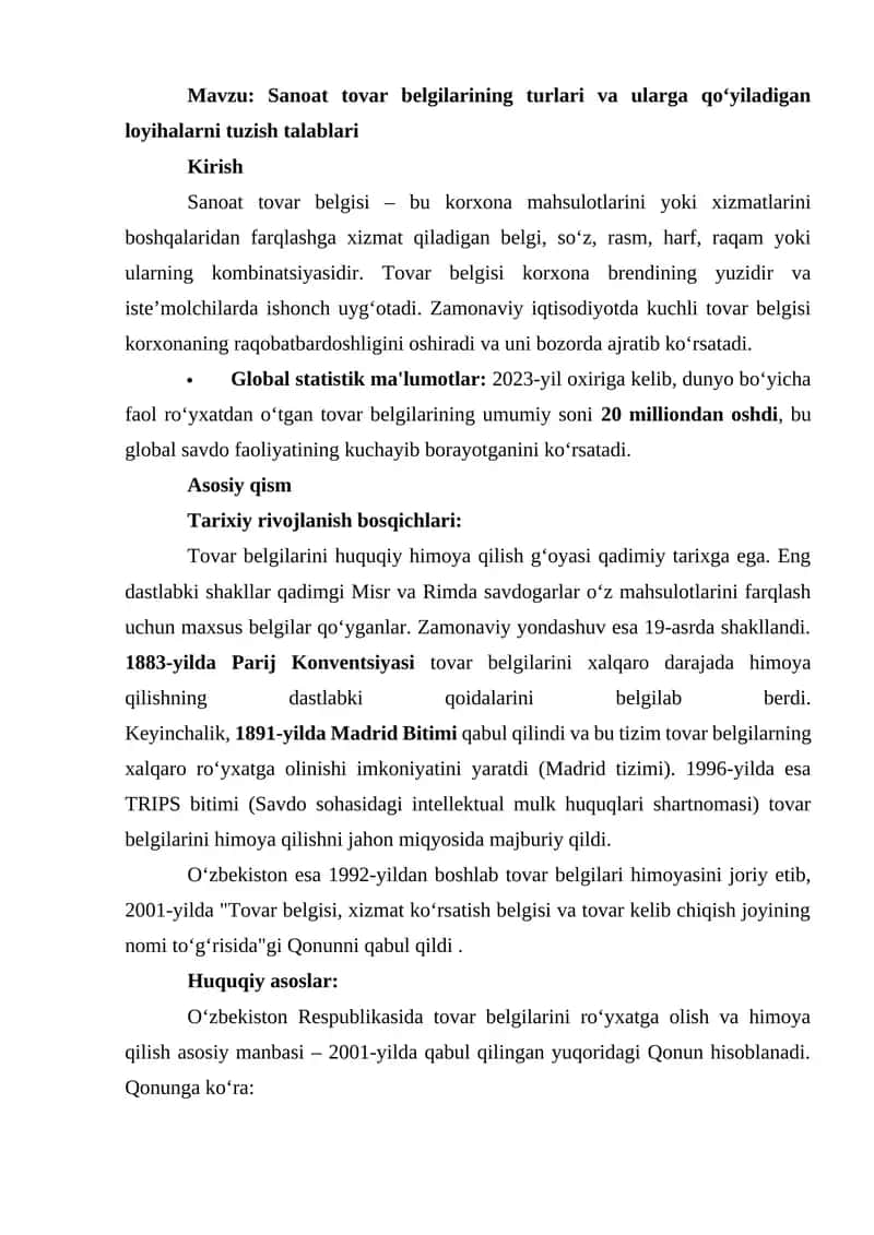 Sanoat tovar belgilarining turlari va ularga qo‘yiladigan loyihalarni tuzish talablari 1
