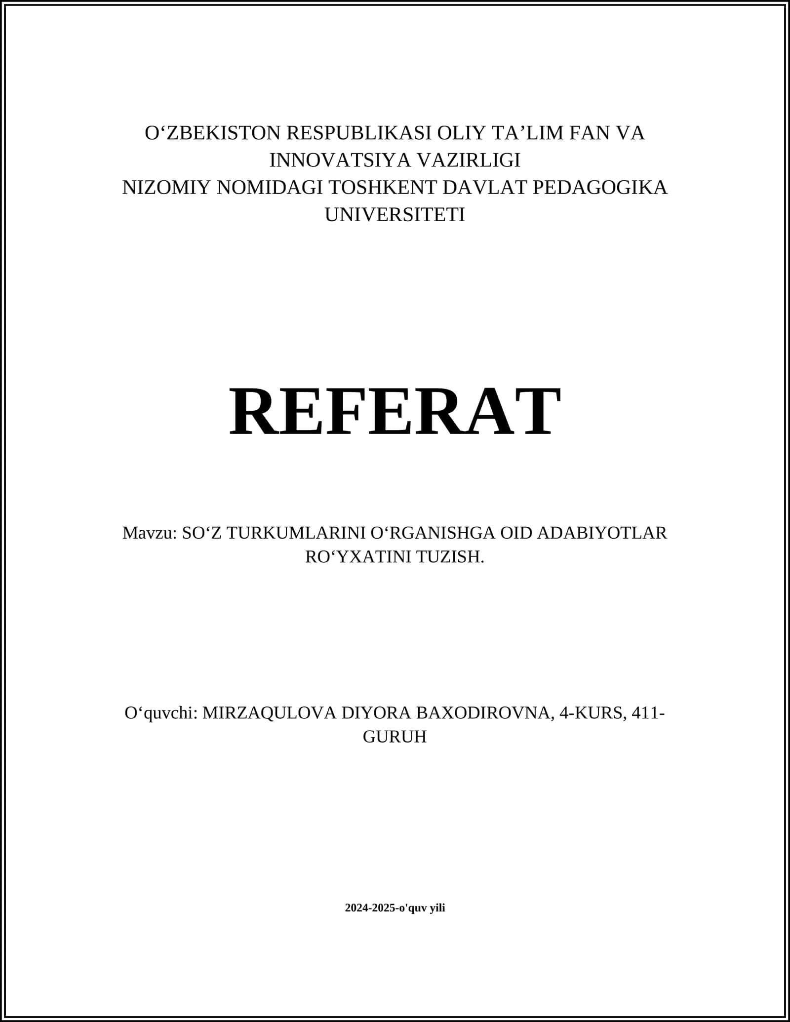 SOʻZ TURKUMLARINI OʻRGANISHGA OID ADABIYOTLAR ROʻYXATINI TUZISH 1