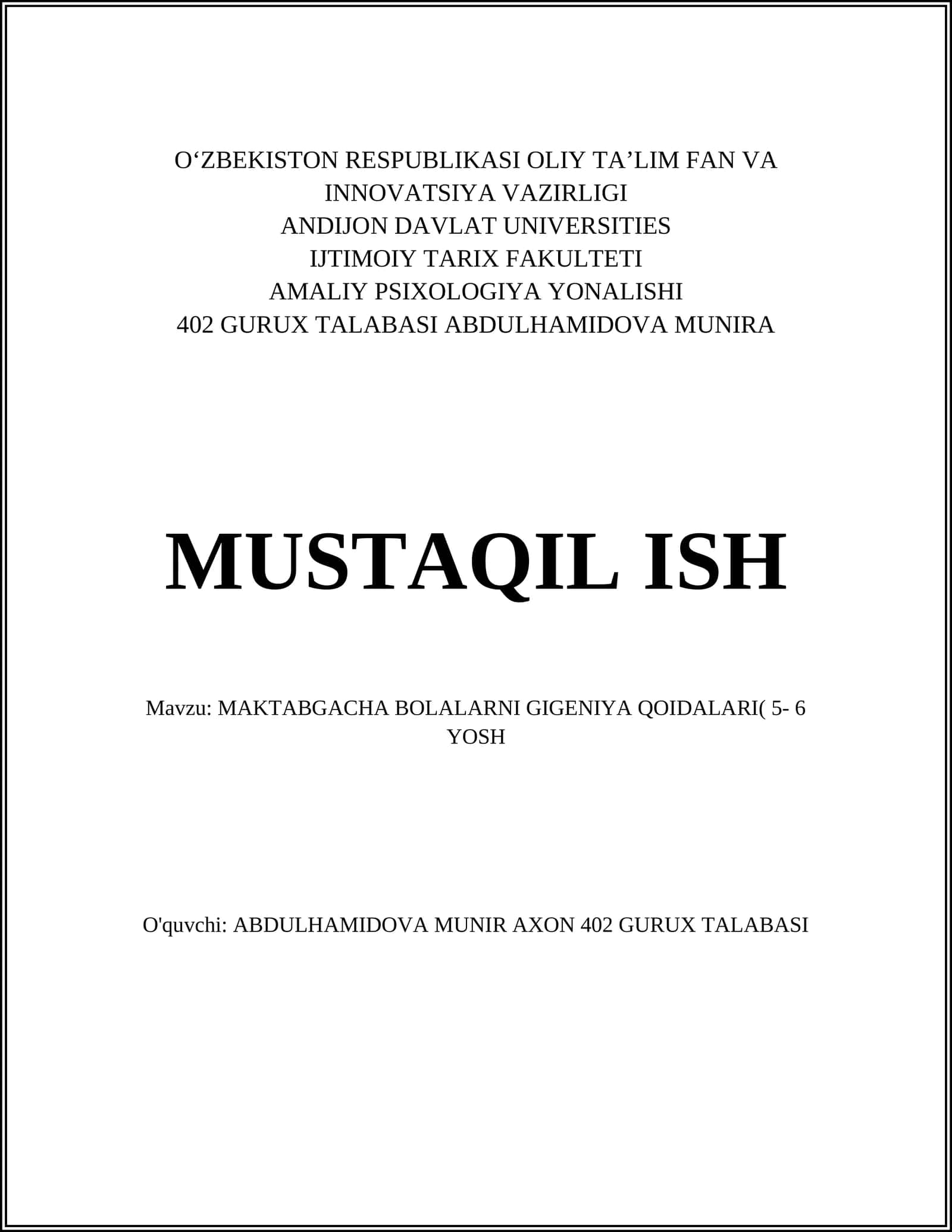 MAKTABGACHA BOLALARNI GIGENIYA QOIDALARI( 5- 6 YOSH) 1