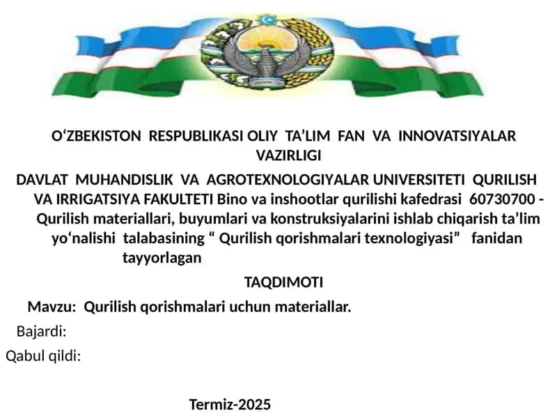 Qurilish qorishmalari uchun materiallar. 1