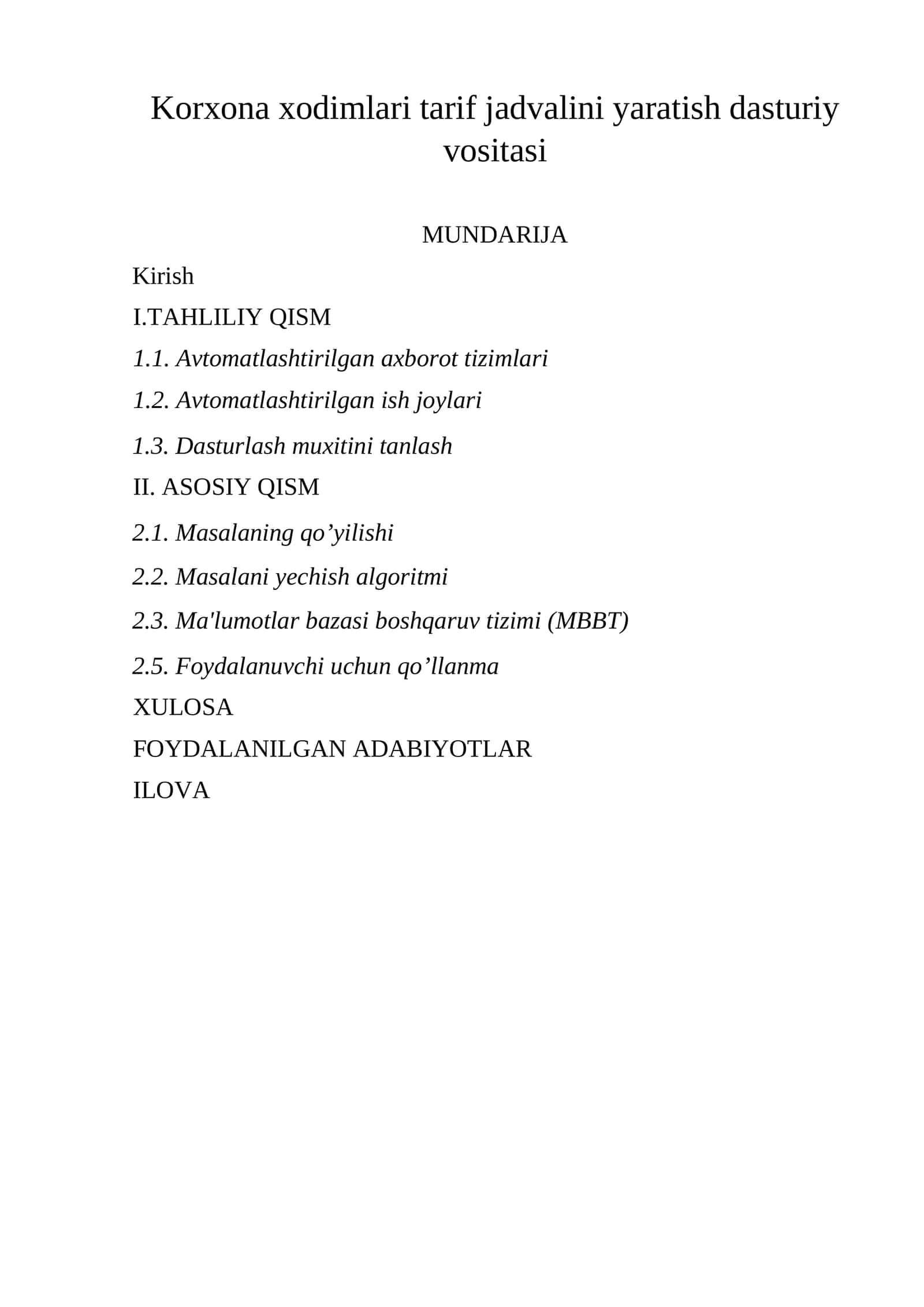 Korxona xodimlari tarif jadvalini yaratish dasturiy vositasi 1