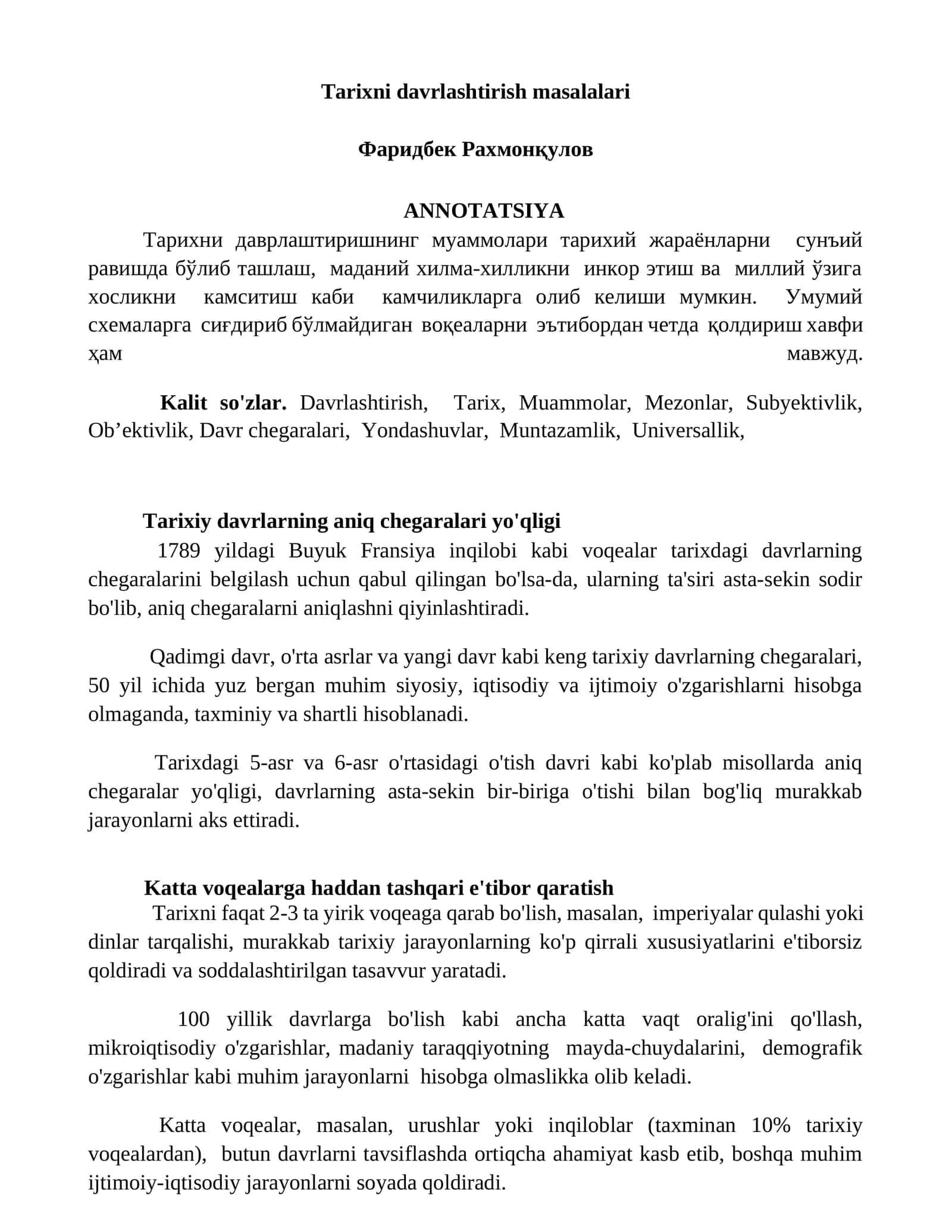 Tarixni davrlashtirish masalalari 1