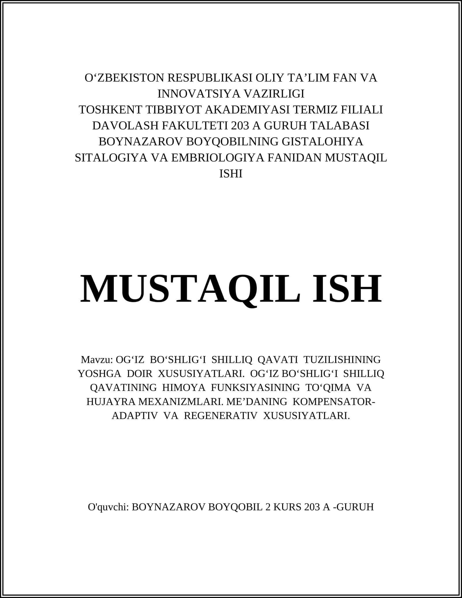 OGʻIZ BOʻSHLIGʻI SHILLIQ QAVATI TUZILISHINING YOSHGA DOIR XUSUSIYATLARI 1