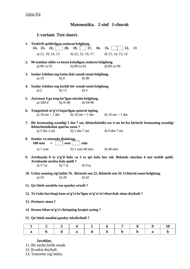 Matematika. 2-sinf I-chorak 1