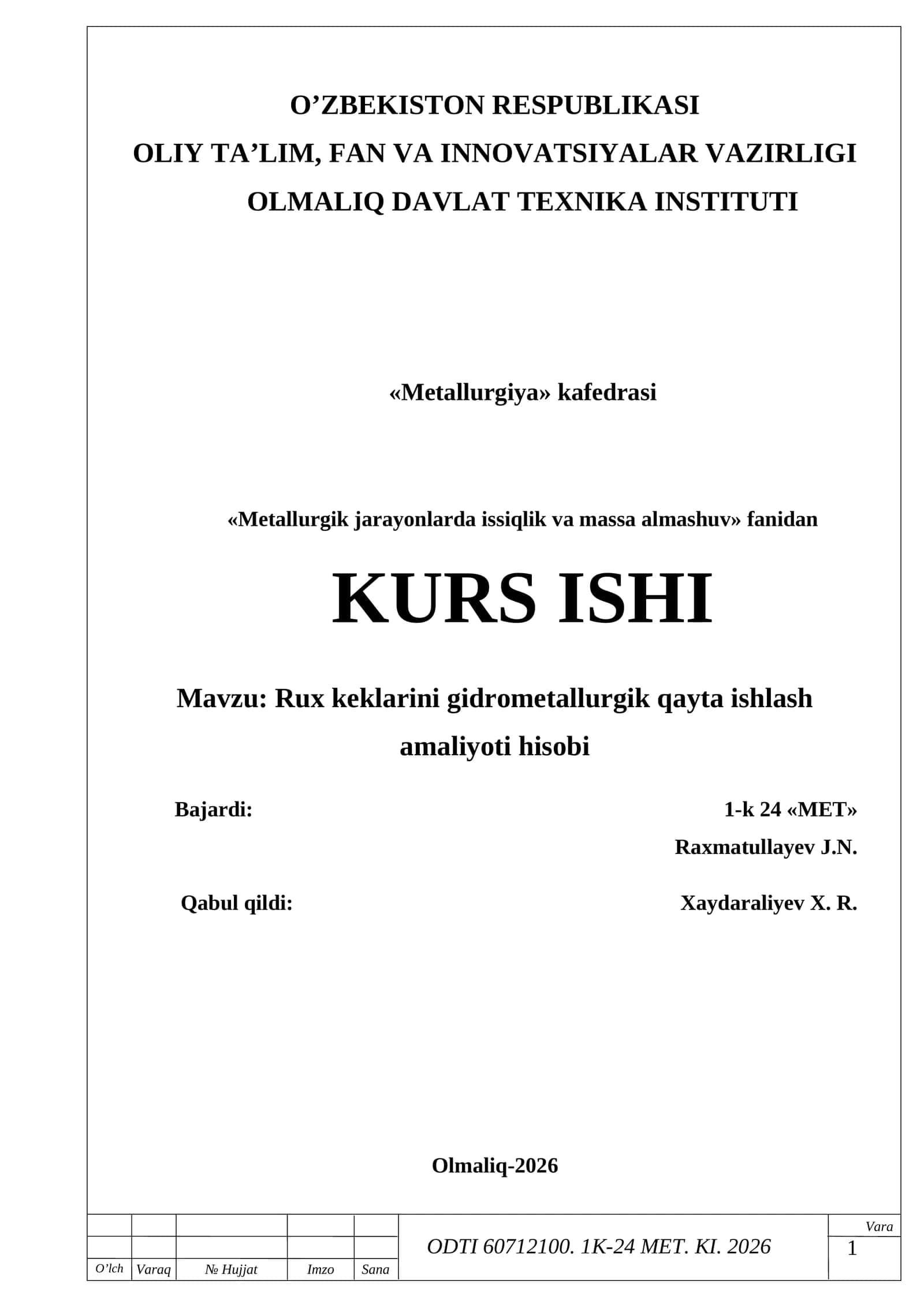 Rux keklarini gidrometallurgik qayta ishlash amaliyoti hisobi 1