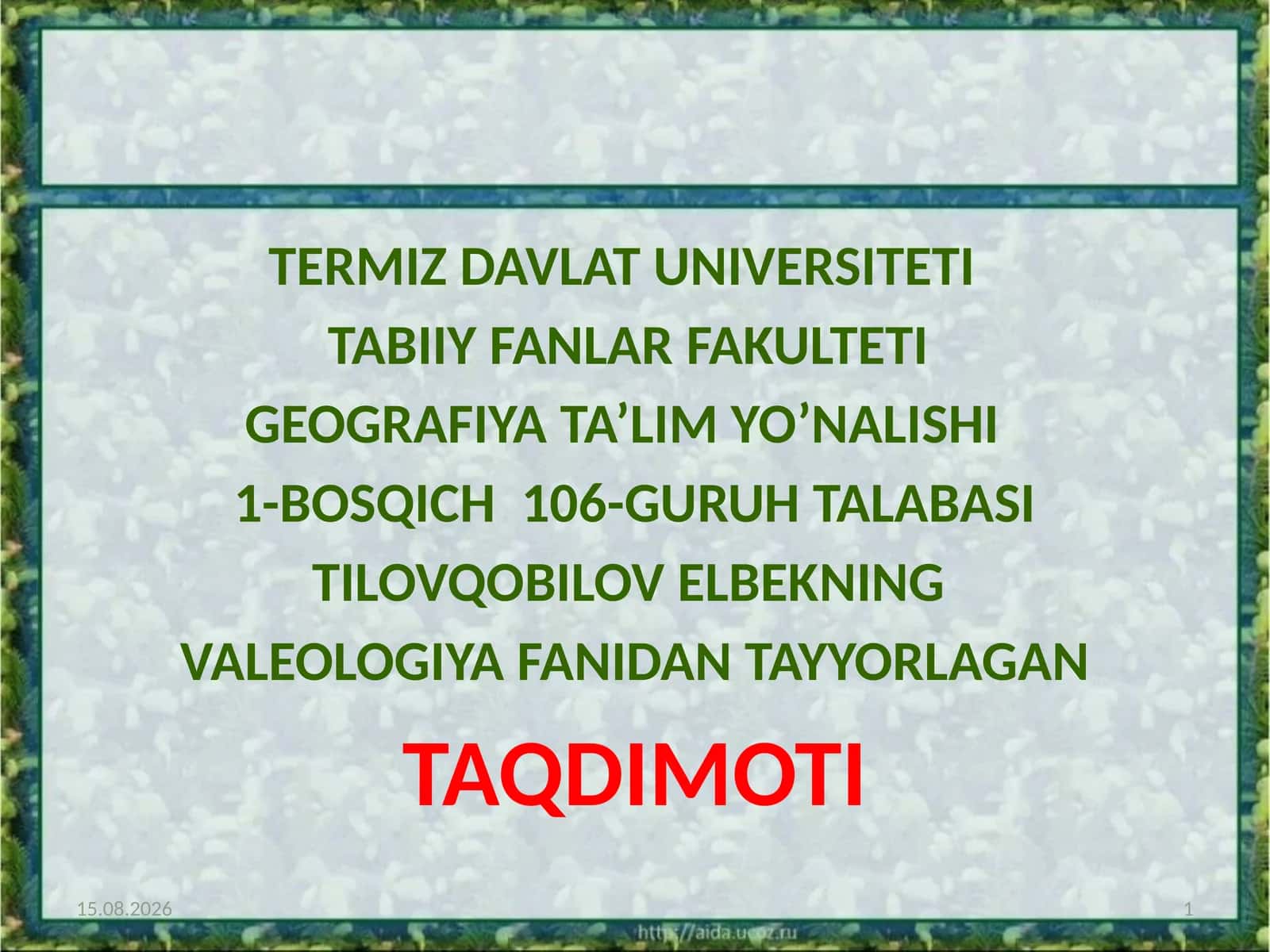 Insonekologiyasi haqidazamonaviytasavvur Ekologikvaleologiyasibiogenjihatlar Ekologikvaleologiyasotsiogenjihatlar Insonfaoliyatsub’ektisifatida Adabtivo’zgarishlarvasalomatlikningbahosi EKOLOGIK VALEOLOGIYA MUAMMOLARI Valeologiya sohalari (yo`nalishlari) 1
