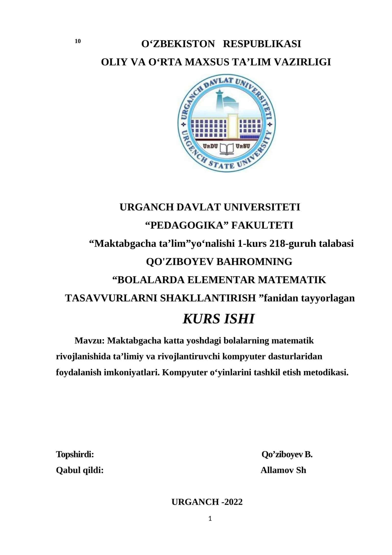 BOLALARDA ELEMENTAR MATEMATIK TASAVVURLARNI SHAKLLANTIRISH 1