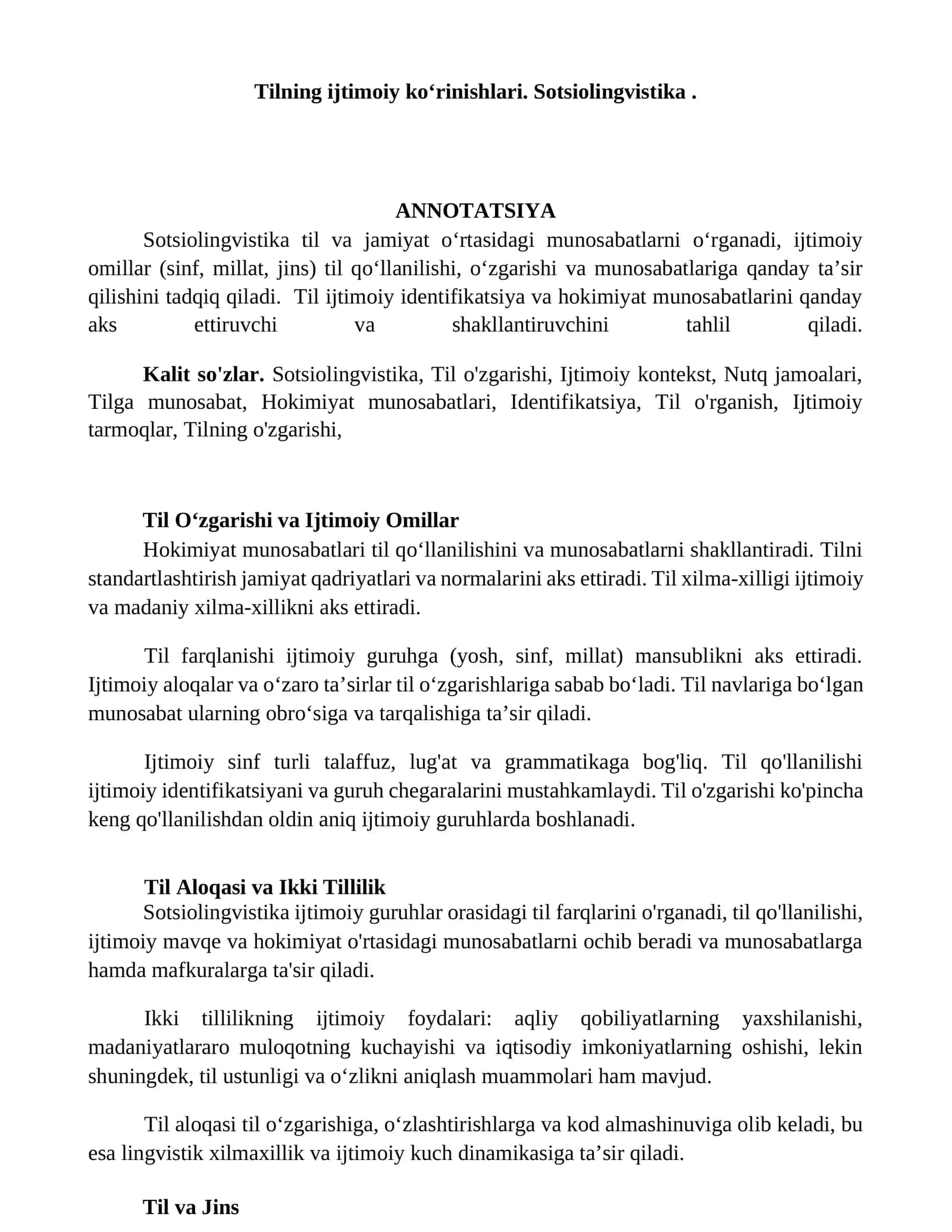 Tilning ijtimoiy koʻrinishlari. Sotsiolingvistika 1
