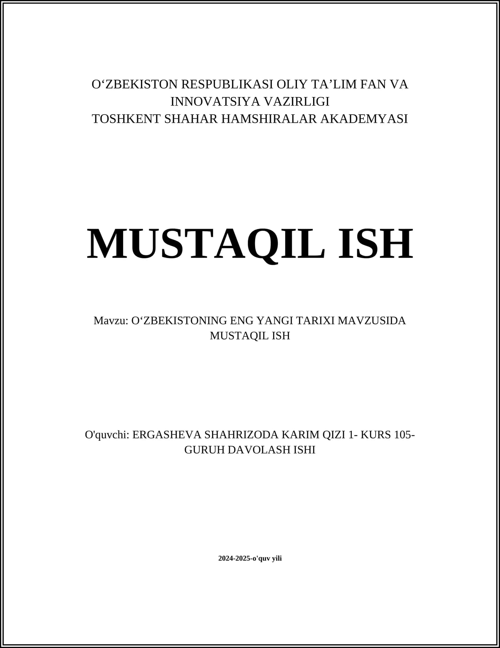 O‘zbekistonning Eng Yangi Tarixi Mavzusida Mustaqil Ish 1