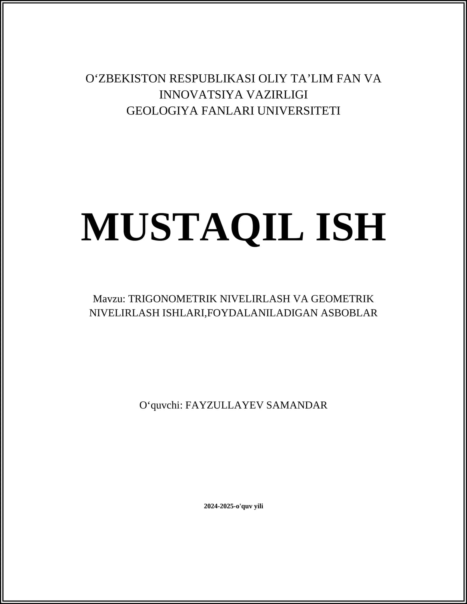 TRIGONOMETRIK NIVELIRLASH VA GEOMETRIK NIVELIRLASH ISHLARI 1