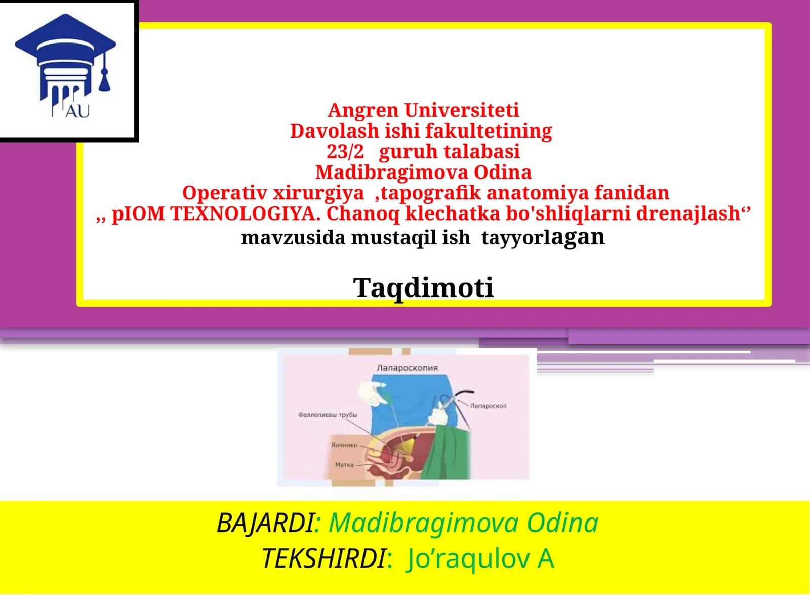 Operativ xirurgiya, tapografik anatomiyadan "Chanog' klechatka bo'shliqlarni drenajlash" mavzusida 1