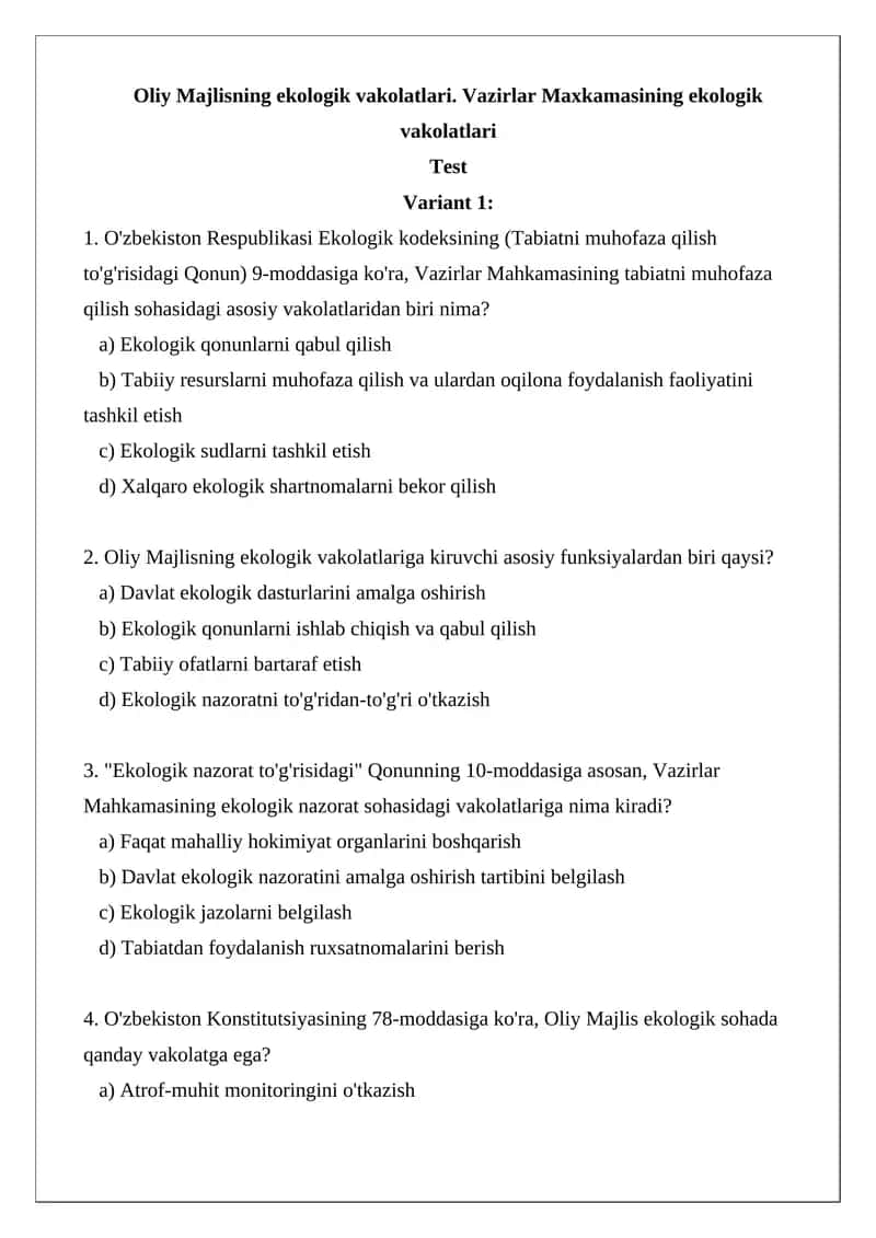 Oliy Majlisning ekologik vakolatlari 1
