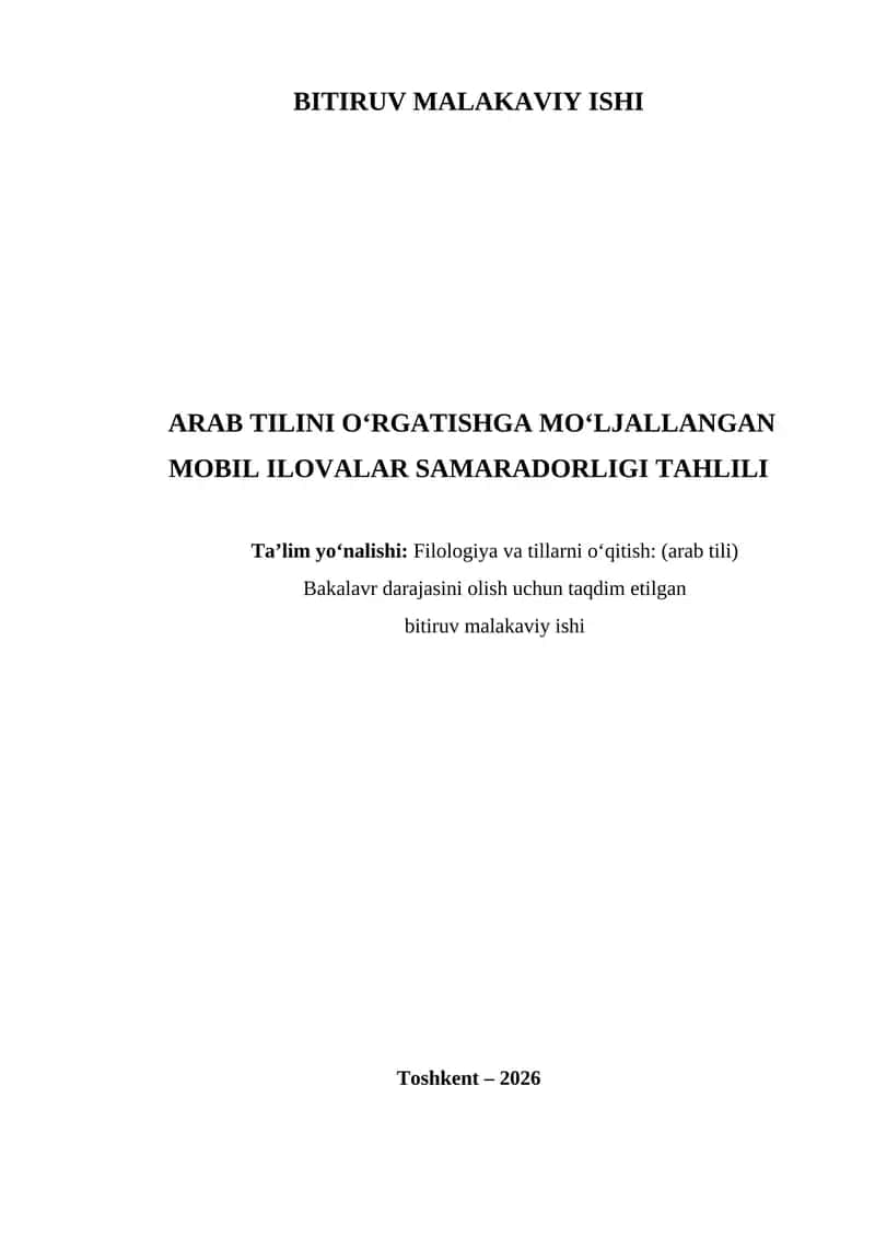 DIPLOM ISHI Arab tilini o‘rgatishga mo‘ljallangan mobil ilovalar samaradorligi tahlili 1