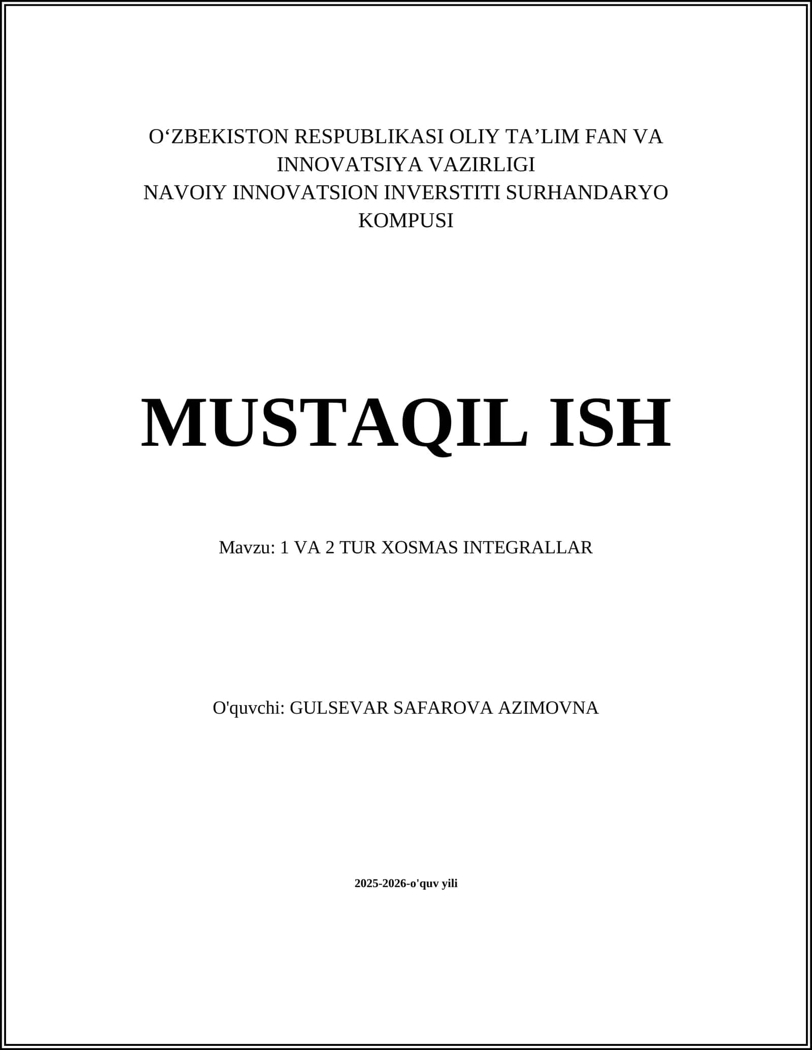 1 VA 2 TUR XOSMAS INTEGRALLAR 1