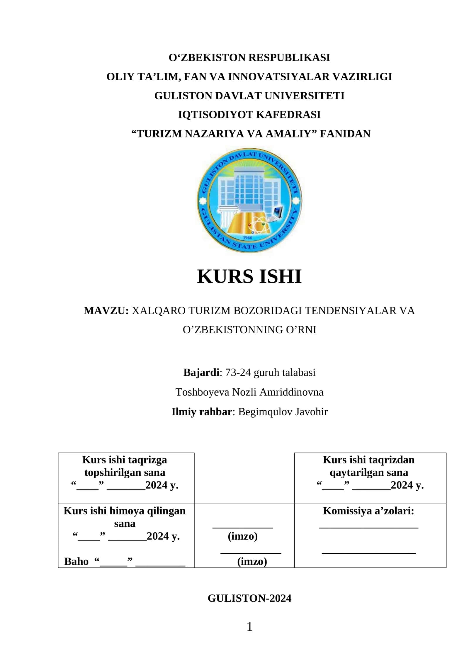 TURIZM NAZARIYA VA AMALIY FANIDAN KURS ISHI 1