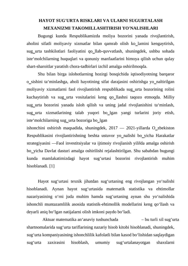 HAYOT SUG'URTA RISKLARI VA ULARNI SUGURTALASH MEXANIZMI TAKOMILLASHTIRISH YO'NALISHLARI 1