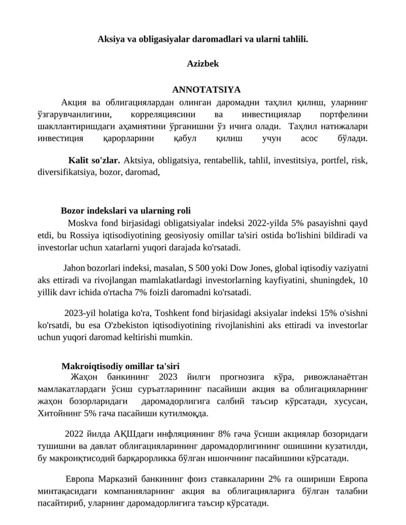 Aksiya va obligasiyalar daromadlari va ularni tahlili 1
