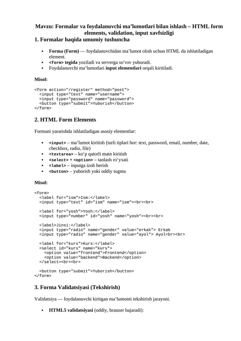 Formalar va foydalanuvchi ma’lumotlari bilan ishlash – HTML form elements, validation, input xavfsizligi 1