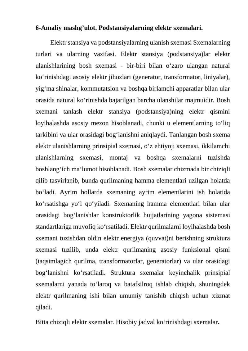 6-Amaliy mashg’ulot. Podstansiyalarning elektr sxemalari. 1