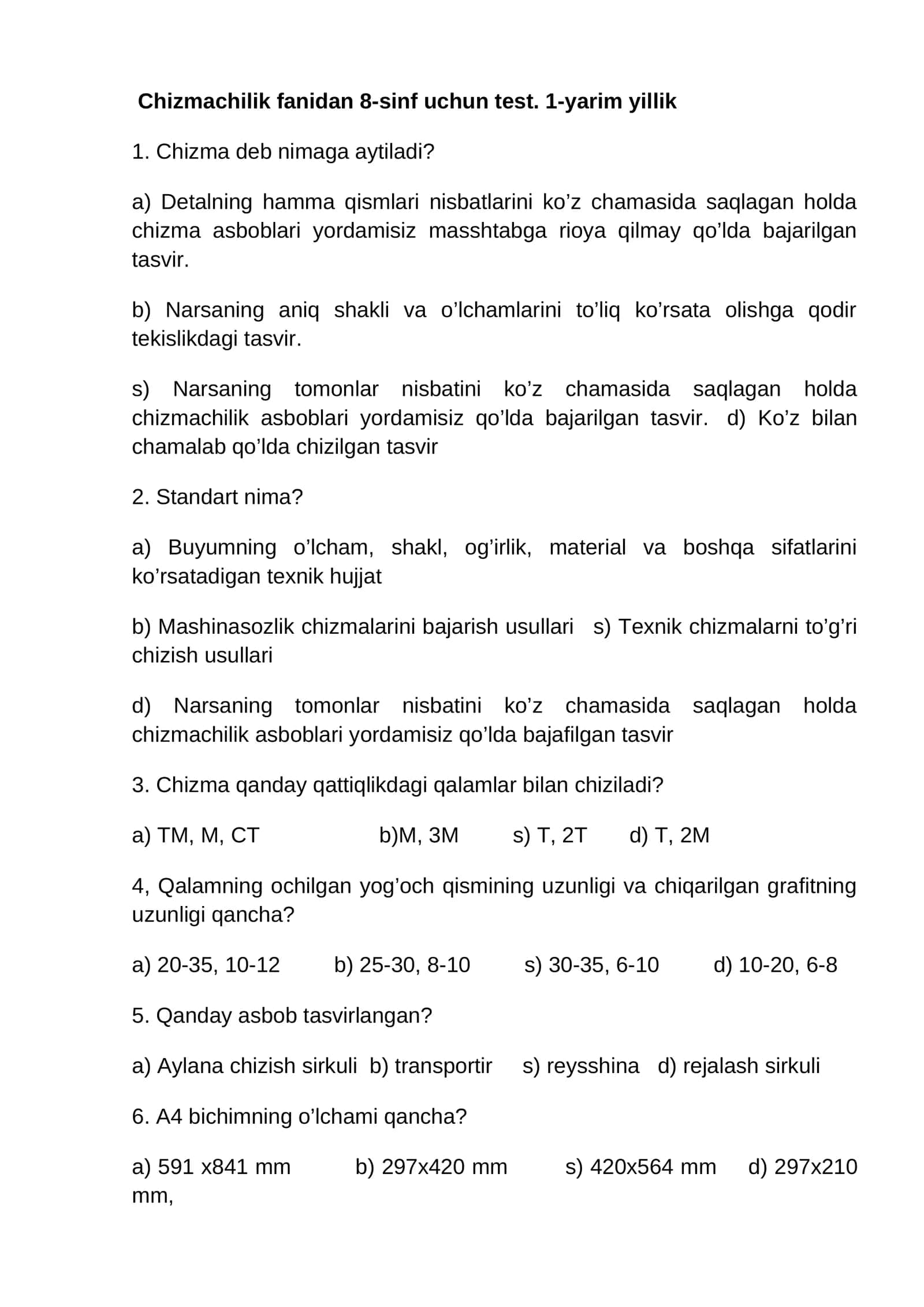 8-sinf chizmachilik fanidan test 1