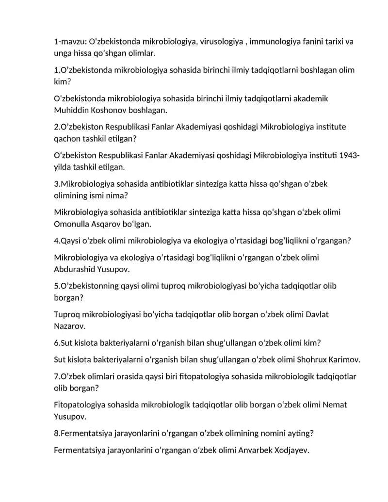 O’zbekistonda mikrobiologiya, virusologiya , immunologiya fanini tarixi va unga hissa qo’shgan oliml 1